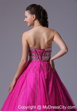 Fuchsia Beaded Sweetheart Corset Back Tulle Prom Dress 2014