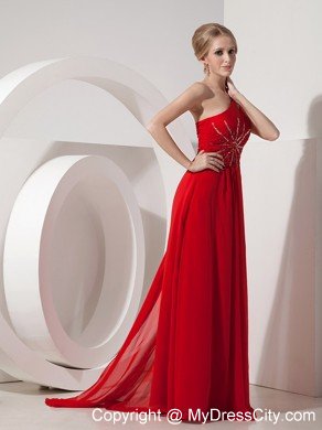 Red Sheath Prom Evening Dress with Chiffon Beaded One Shoulder