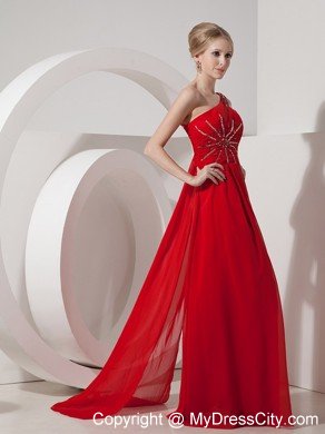 Red Sheath Prom Evening Dress with Chiffon Beaded One Shoulder