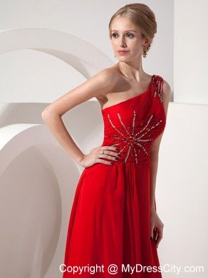 Red Sheath Prom Evening Dress with Chiffon Beaded One Shoulder