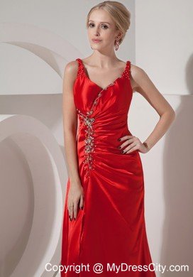 Ruched Beading Red Evening Dress Silk Like Satin Straps