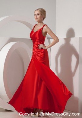 Ruched Beading Red Evening Dress Silk Like Satin Straps