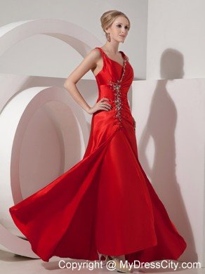 Ruched Beading Red Evening Dress Silk Like Satin Straps