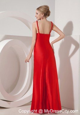 Ruched Beading Red Evening Dress Silk Like Satin Straps