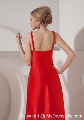 Ruched Beading Red Evening Dress Silk Like Satin Straps