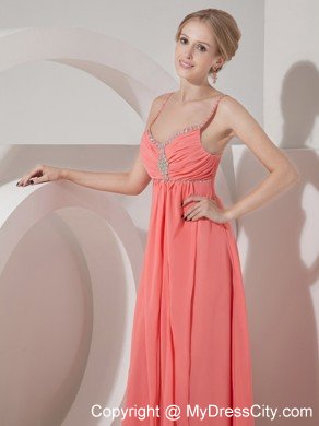 Beaded Spaghetti Straps Watermelon Red Chiffon Prom Dress