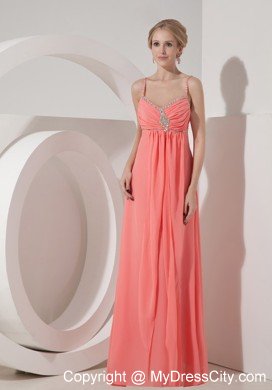 Beaded Spaghetti Straps Watermelon Red Chiffon Prom Dress