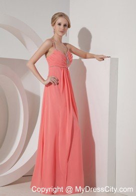 Beaded Spaghetti Straps Watermelon Red Chiffon Prom Dress