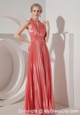 Watermelon Red Pleated Halter Prom Evening Dresses Beading