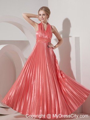 Watermelon Red Pleated Halter Prom Evening Dresses Beading