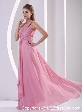 One Shoulder Chiffon Ruched Prom Evening Dress Rose Pink