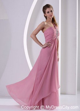 One Shoulder Chiffon Ruched Prom Evening Dress Rose Pink