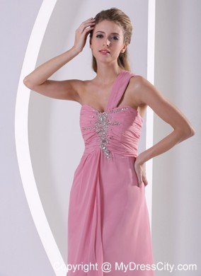 One Shoulder Chiffon Ruched Prom Evening Dress Rose Pink