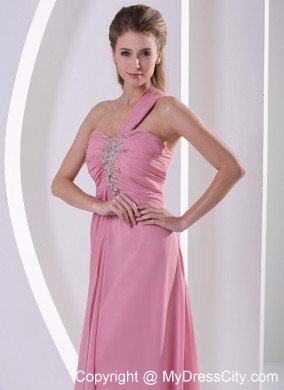 One Shoulder Chiffon Ruched Prom Evening Dress Rose Pink