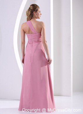 One Shoulder Chiffon Ruched Prom Evening Dress Rose Pink