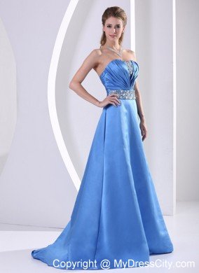 Sky Blue Satin 2013 Plus Size Prom Dress Beaded Ruching