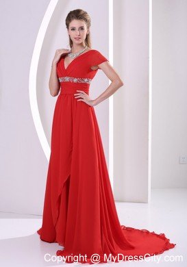 Red V-neck Prom Dress Beaded Chiffon 2013 With Cap Sleeves