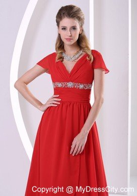 Red V-neck Prom Dress Beaded Chiffon 2013 With Cap Sleeves