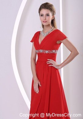 Red V-neck Prom Dress Beaded Chiffon 2013 With Cap Sleeves