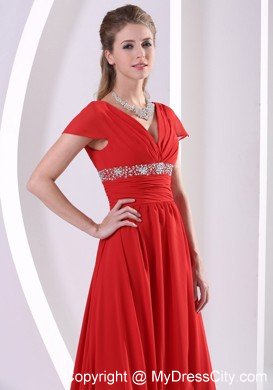 Red V-neck Prom Dress Beaded Chiffon 2013 With Cap Sleeves