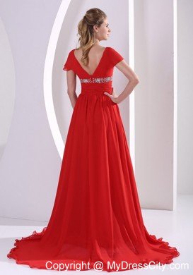 Red V-neck Prom Dress Beaded Chiffon 2013 With Cap Sleeves