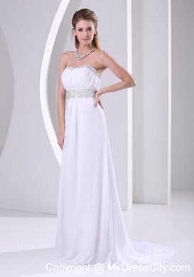 Beaded Chiffon Sweep Train White Prom Evening Dress 2013