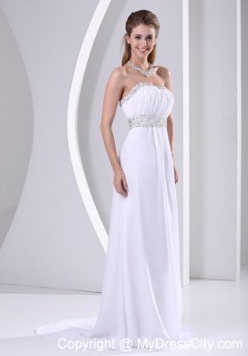 Beaded Chiffon Sweep Train White Prom Evening Dress 2013