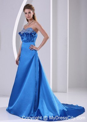 Sky Blue Sweetheart Beaded Modest Prom Dress Satin Train