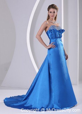 Sky Blue Sweetheart Beaded Modest Prom Dress Satin Train