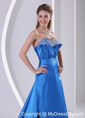 Sky Blue Sweetheart Beaded Modest Prom Dress Satin Train