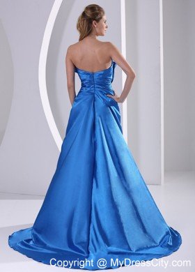 Sky Blue Sweetheart Beaded Modest Prom Dress Satin Train