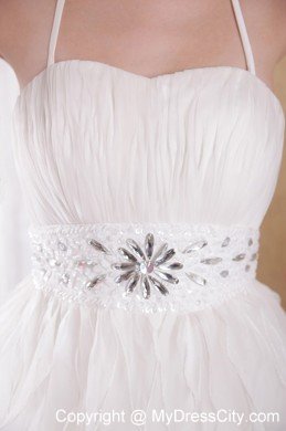 Spaghetti Halter Beaded Waist Layers Ruching Prom Dress