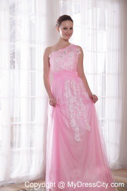 Embroidery Rhinestones Prom Evening Dress Pink One Shoulder