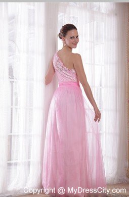 Embroidery Rhinestones Prom Evening Dress Pink One Shoulder