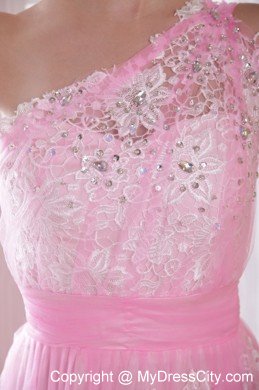 Embroidery Rhinestones Prom Evening Dress Pink One Shoulder