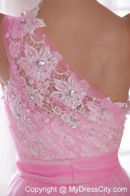 Embroidery Rhinestones Prom Evening Dress Pink One Shoulder