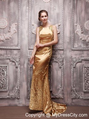 Gold Sequin Bateau Prom Pageant Dress Beading Brush Train