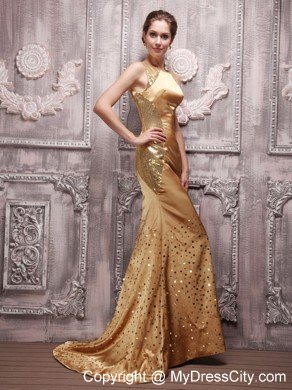 Gold Sequin Bateau Prom Pageant Dress Beading Brush Train