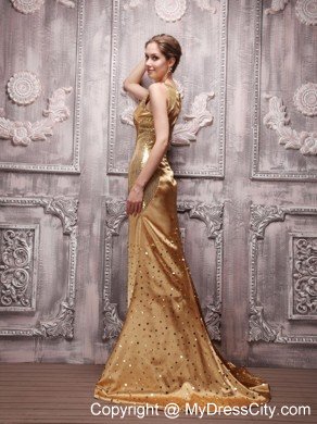 Gold Sequin Bateau Prom Pageant Dress Beading Brush Train