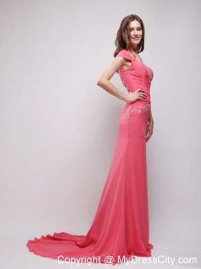 V-neck Cap Sleeves Coral Red Appliques Prom Evening Dresses