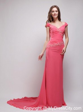 V-neck Cap Sleeves Coral Red Appliques Prom Evening Dresses