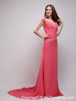 V-neck Cap Sleeves Coral Red Appliques Prom Evening Dresses