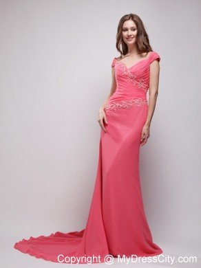 V-neck Cap Sleeves Coral Red Appliques Prom Evening Dresses