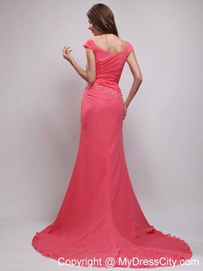 V-neck Cap Sleeves Coral Red Appliques Prom Evening Dresses