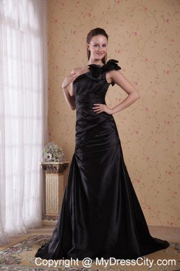 Black Court Train Prom Celebrity Dress With One Bow Shoulder