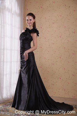 Black Court Train Prom Celebrity Dress With One Bow Shoulder