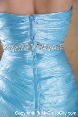 Asymmetrical Ruched Aqua Blue Organza Beading Prom Dresses