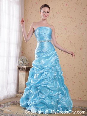 Asymmetrical Ruched Aqua Blue Organza Beading Prom Dresses