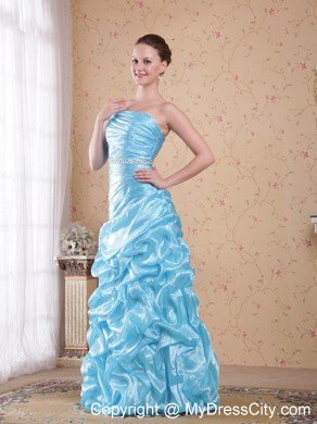 Asymmetrical Ruched Aqua Blue Organza Beading Prom Dresses