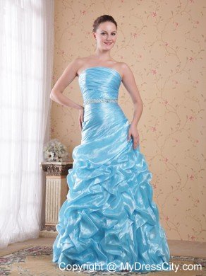 Asymmetrical Ruched Aqua Blue Organza Beading Prom Dresses